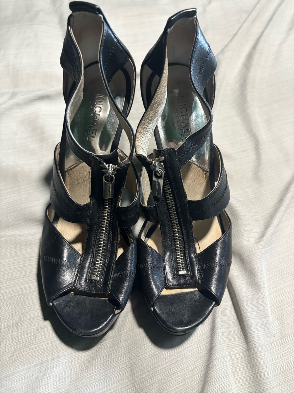 Michael Kors Black Leather Zip-Front Heeled Sandals